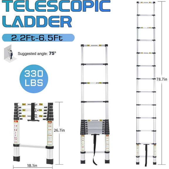 Heavy Duty Telescoping Ladder 6.5FT with Non-Slip Feet, 330lb Capacity for RV, Attic & Roof Use
