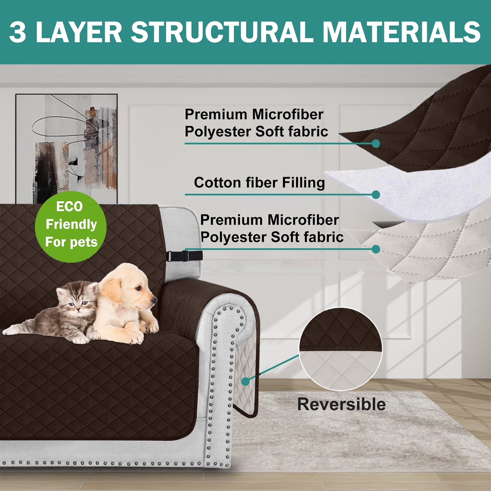 Sanmadrola Reversible Sofa Cover Machine Washable Couch Cover Water Resistant Slipcover Non Slip Furniture Protector for Dogs, Children, Pets, Sofa Size, Brown