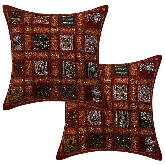 Stylo Culture Indian Sequins Chair Seat Throw Pillow Covers 16 x 16 Patchwork Embroidered Maroon 40cm x 40cm Home Decor Cotton Geometric Square Cushion Covers | Set Of 2