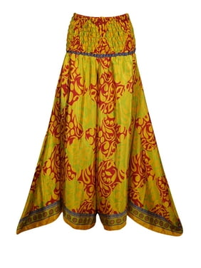 Mogul Bohemian Women High Waist Wide Leg Long Skirt Pants Recycled Silk Sari Flared Flirty Boho Chic Maxi Split Skirts S/M