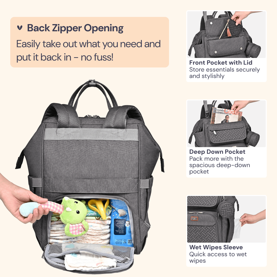 BabbleRoo Widetop Waterproof Diaper Backpack with Insulated Bottle Pockets, Polyesterp- Dark Gray