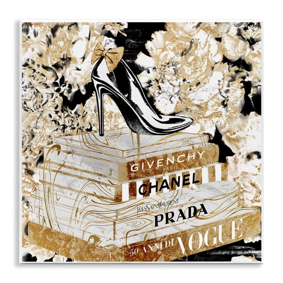 Stupell Industries Contemporary Black Heels on Golden Books Wall Plaque Art, 12 x 12, by Ziwei Li