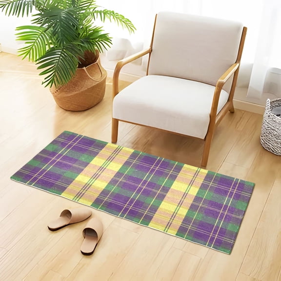 Mardi-gras Colored Plaid Plush Carpet Non Slip Runner Rug Absorbent Bath Mat 39" x 20"