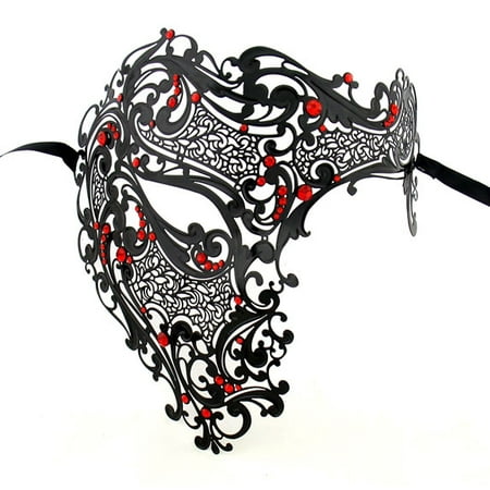 Men Devil Skull Masquerade Mask Laser Cut Half Face Black Mask with Red Crystals