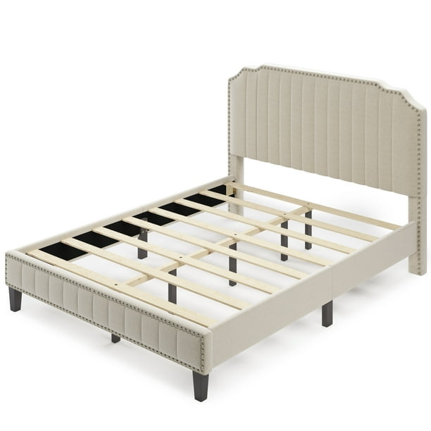 Modern Linen Curved Upholstered Platform Bed Solid Wood Frame Nailhead Trim Queen Com Modern Linen Curved Upholstered, Blackstone Upholstered Square Stitched Platform Bed King Dimensions