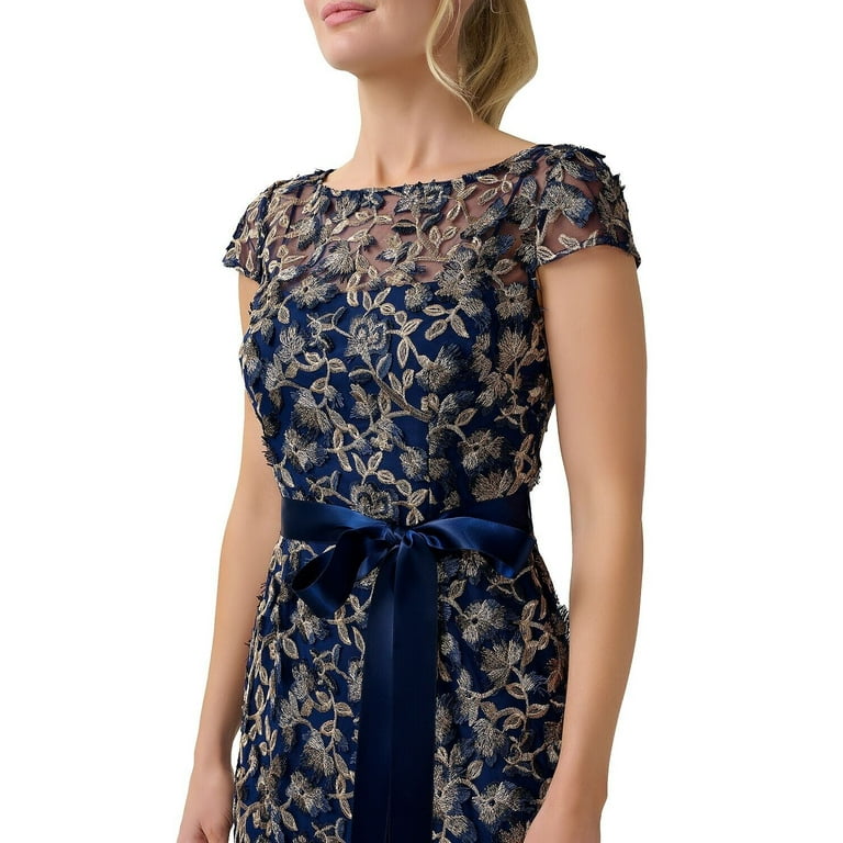 ADRIANNA PAPELL Cap Sleeve 3 D Embroidered Column Gown