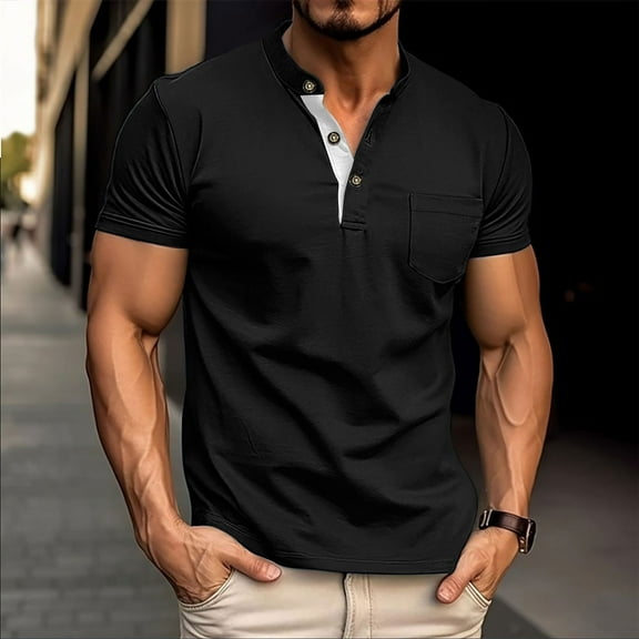 SOOMLON Tees for Men Casual Stylish Henley T Shirts Summer Dress Short Sleeve Shirts 2025 Fashion Black Work Tees With Pocket Solid Basic Soft Loose Tops Blouses Value XL