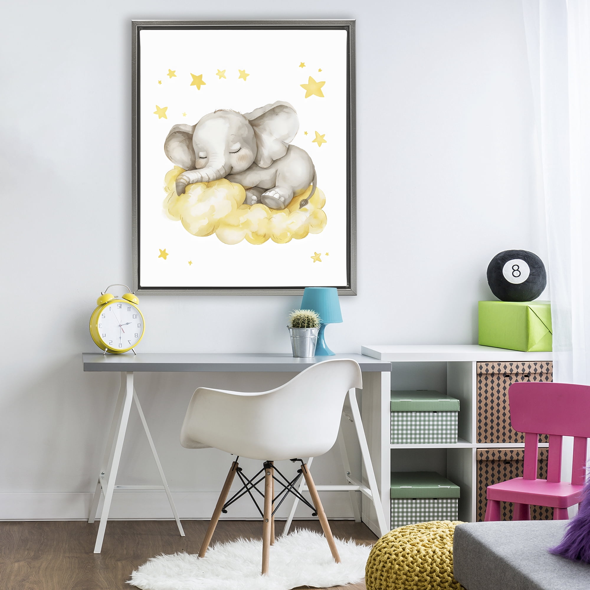Stupell Industries Sleeping Elephant on Yellow Cloud Gray Framed Floater Canvas Wall Art, design by LSR Design Studio