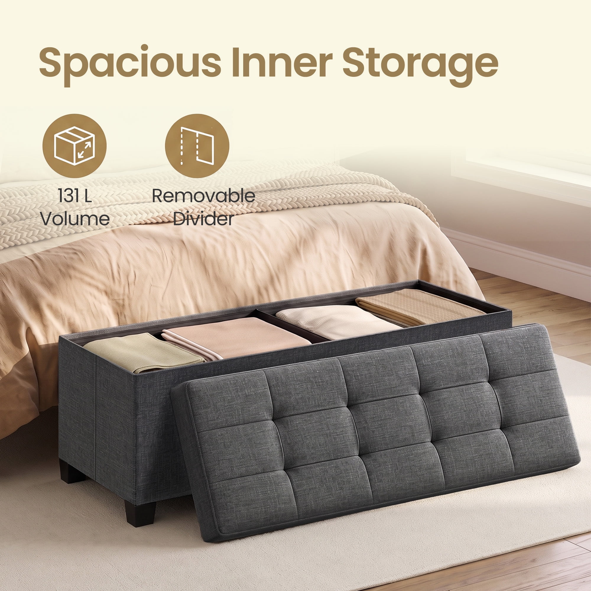 Ledrem Large Folding Storage Ottoman Bench with Footrest, Slate Gray