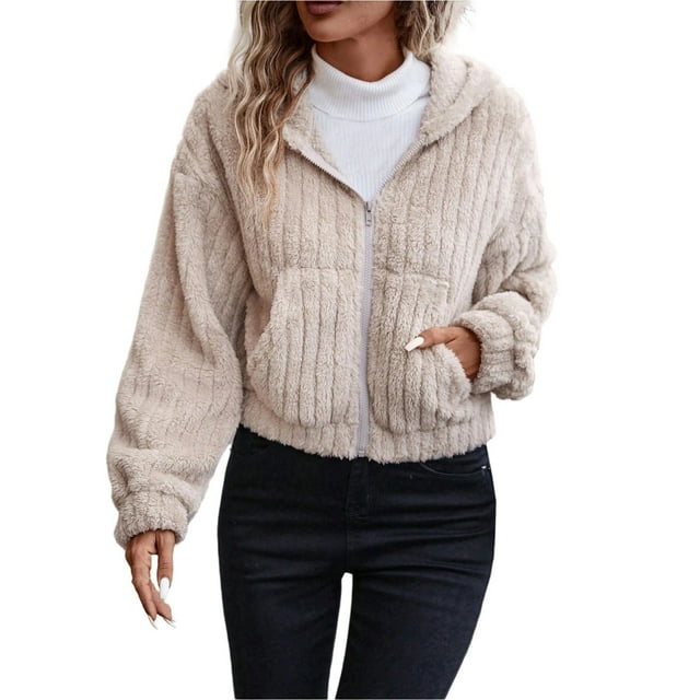 Jgppe Women's Winter Fall Jacket Cropped Solid Color Fuzzy Fleece Zip up Hooded Outerwear with Pockets