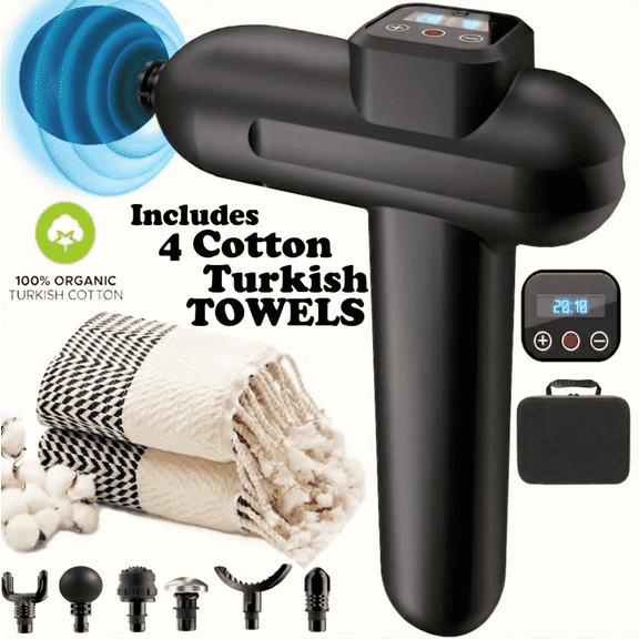 20-Speed Massage Gun with 4 Turkish Organic Cotton Towels – Deep Tissue Percussion Massager Gift Set