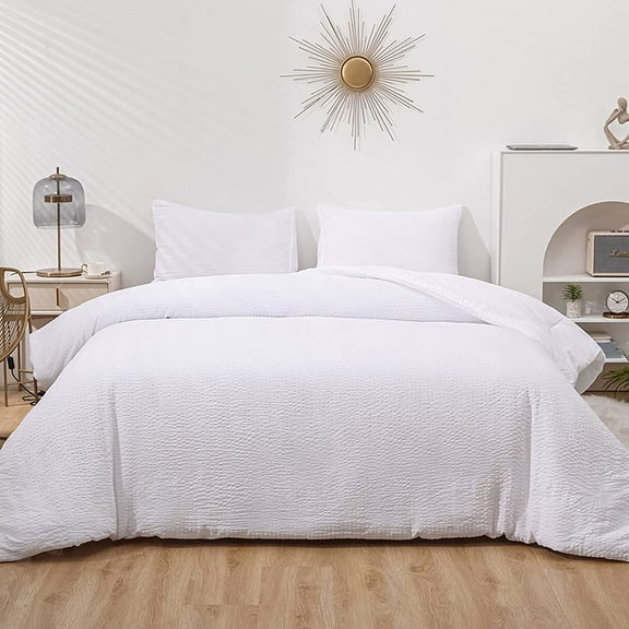LUCKYBULL Seersucker Comforter Set 3 Pieces Full Textured Comforter Set 100% Soft Washed Microfiber Lightweight Bedding Set for All Seasons, White 79''x90''
