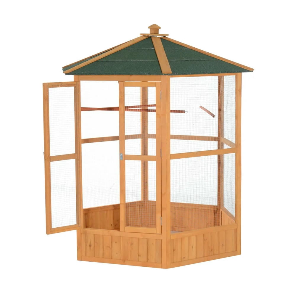 Spaco 69" Wooden Hexagonal Outdoor Aviary Flight Bird Cage With Covered Roof, Bird Cage, Brown