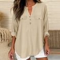 thumbnail image 5 of Paiwinds Women's Linen V-Neck Top with 3/4 Sleeves, Casual Loose Fit Button Front Blouse with Pockets, Solid Color Summer Tunic for Ladies, 5 of 9