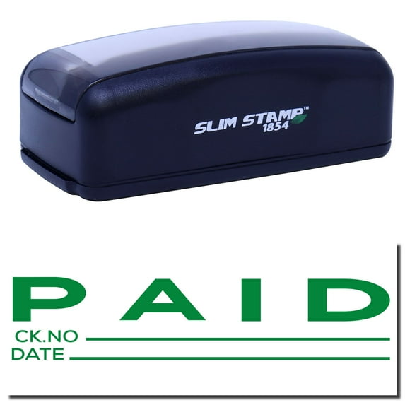 Large Pre-Inked Paid with Ck No Stamp Stamp, Slim 1854, Ultra Slim Design, Impression Size 1-13/16" by 2-1/2", Up to 25,000 Impressions - Green Ink