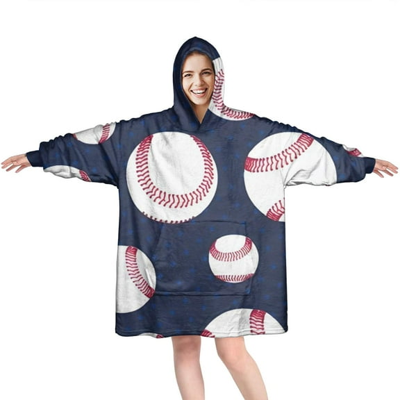 Navy Blue Baseballs Pattern Wearable Oversized Blanket,Wearable Blanket Hoodie for Adults,Cozy Hooded Blankets with Super Pockets,Super Warm Fuzzy Pullover for Women & Men