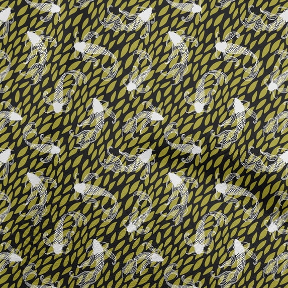 oneOoneCottonPoplinOliveGreenFabricAsianJapaneseKoiFishFabricForSewingPrintedCraftFabricByTheYard56InchWide