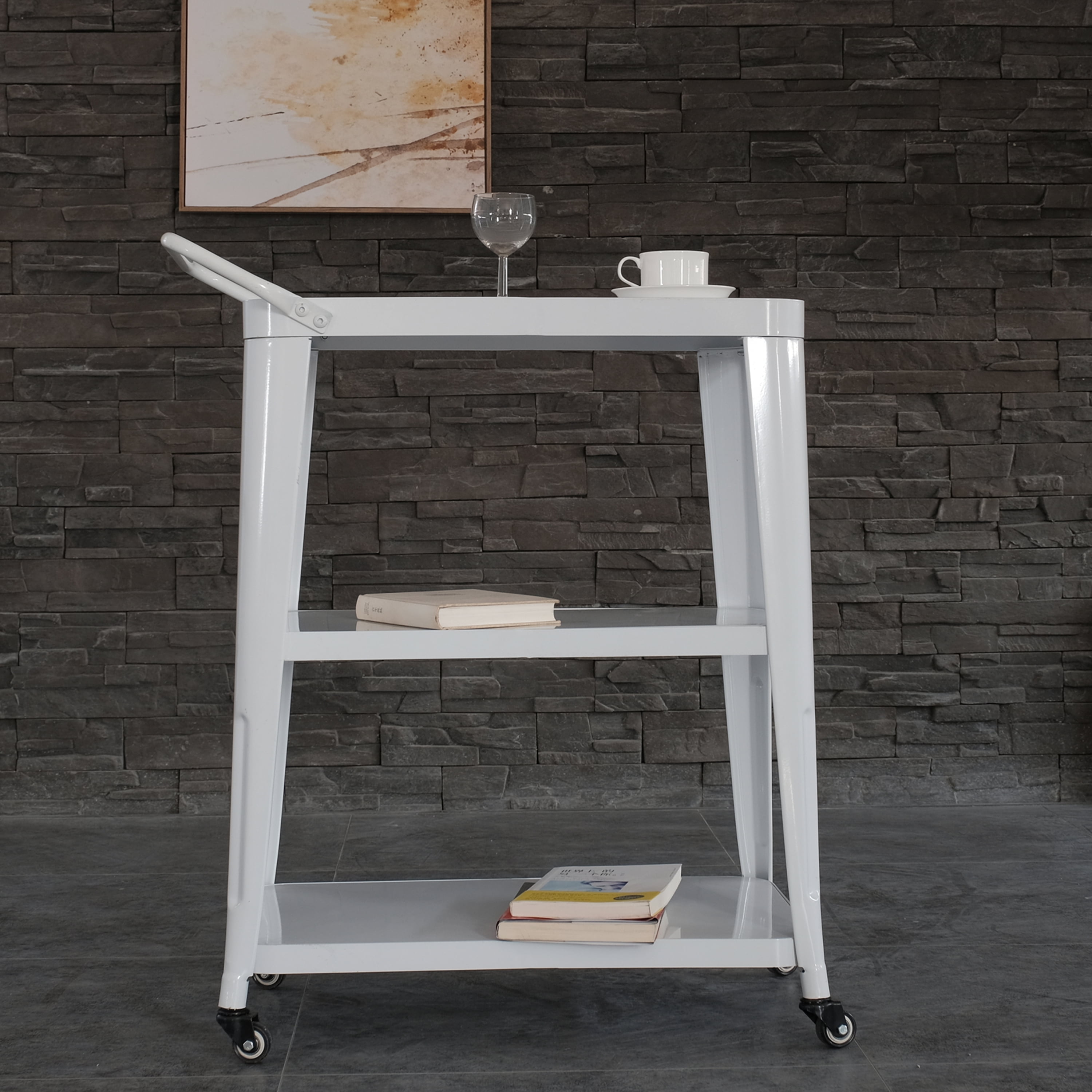 3-Tiered Metal Frame, Industrial Dining Cart with Swivel Wheels, White
