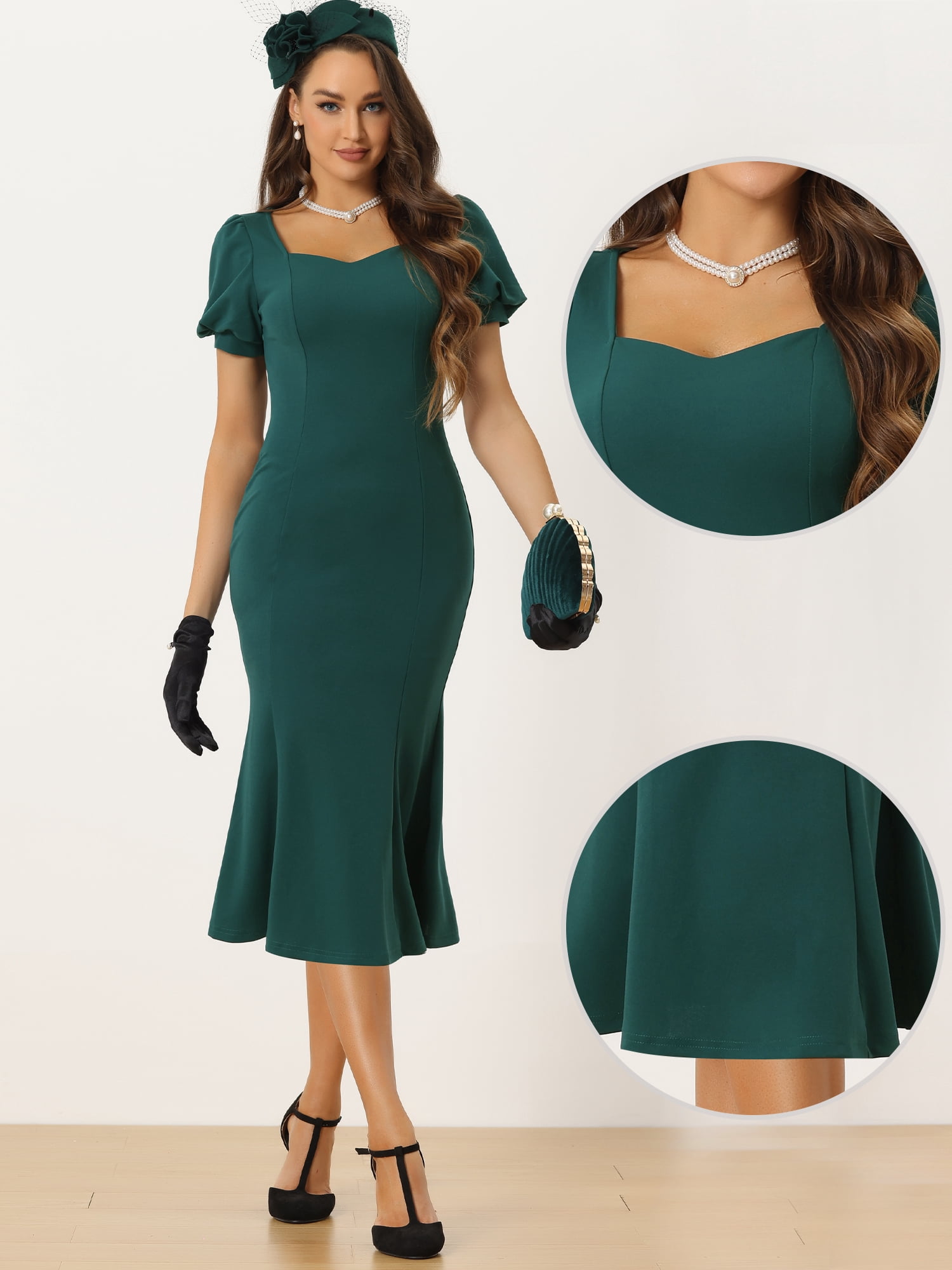 DARING DIVA Sweetheart Neck Puff Mermaid Midi Dress S Dark Green