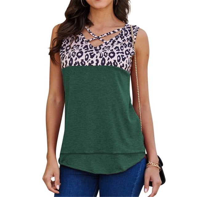 facefd Débardeur Femme Léopard Couture Croisée Col en V Vert L