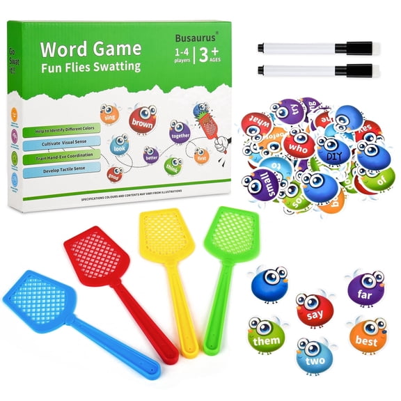 BUSAURUS Fly Sight Words Game, 114-Piece Dolch Word Reading Set with 108 Cards, 4 Swatters and 2 Dry Erase Pens for Kids