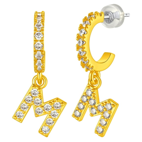 Clearance Women Initial Earrings 14K Gold Plated Alphabet M Drop Earrings Shiny Cubic Zirconia Birthday Christmas Jewelry Gifts for Her