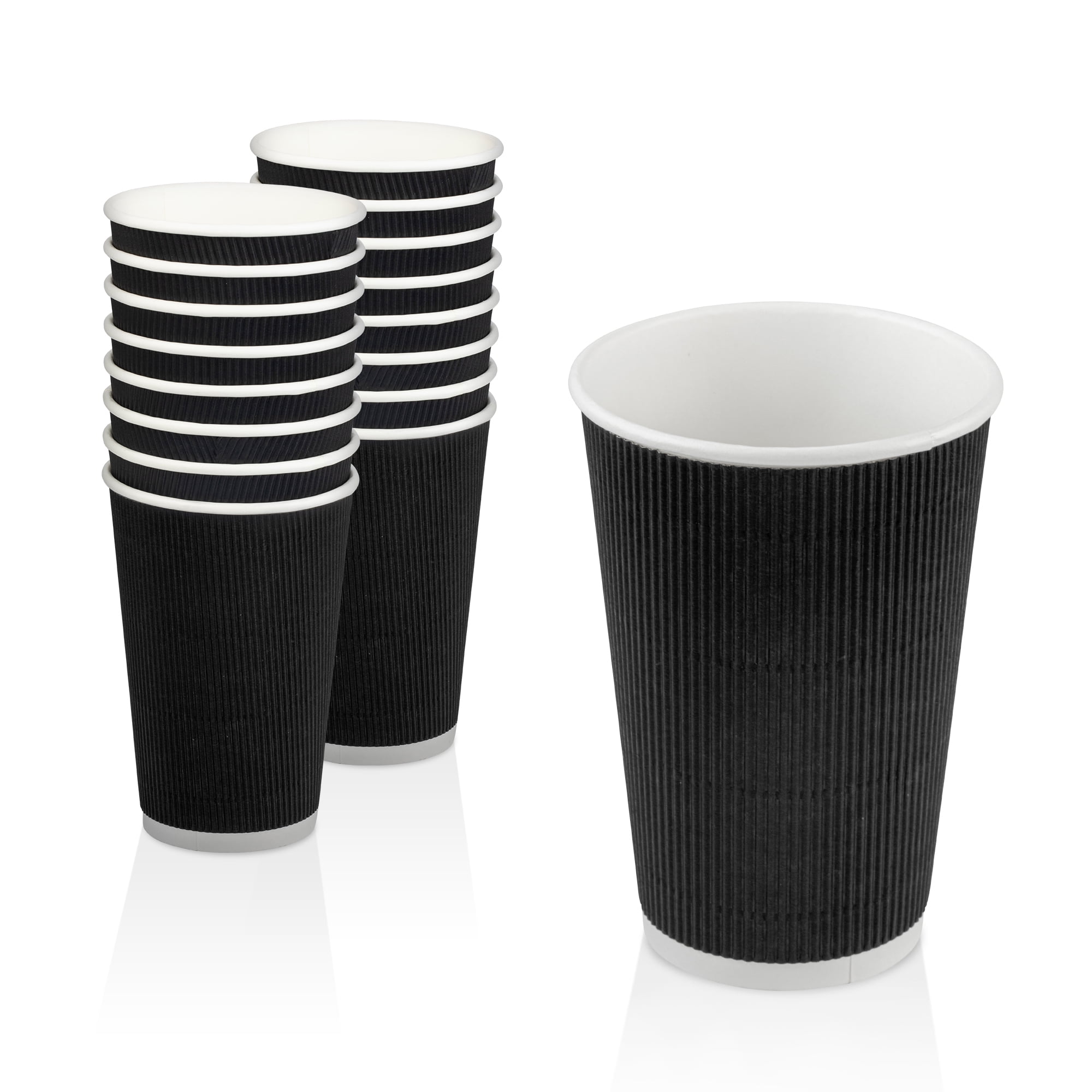 [50 Pack] Disposable Hot Cups 16oz Black Double Wall Insulated Ripple Sleeves To Go Coffee