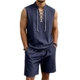 thumbnail image 2 of BVOFAR Mens 2 Piece Outfits Summer Casual Short Sets Comfy Lace Up Hippie Tank Tops and Drawstring Shorts Renaissance Medieval Tunic Beach Vacation 2 Piece Sets Navy M, 2 of 9