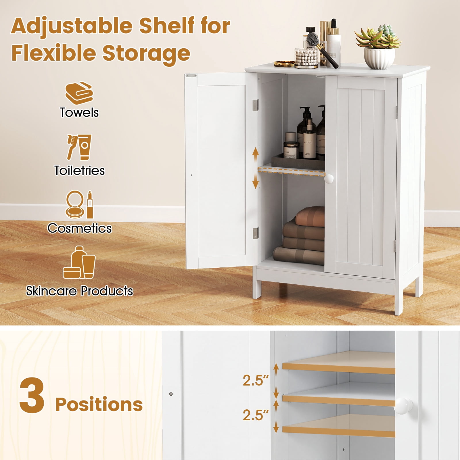 Gymax Bathroom Storage Cabinet Freestanding Wooden Floor Cabinet w/ Double Doors White