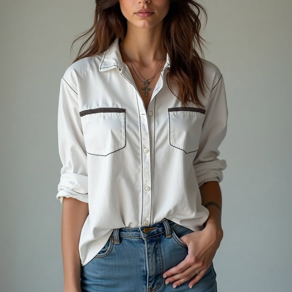 YueHuiYing Women White Collared Long Sleeve Relaxed Button-Down Shirt With Contrast Stitching Embellished Pockets