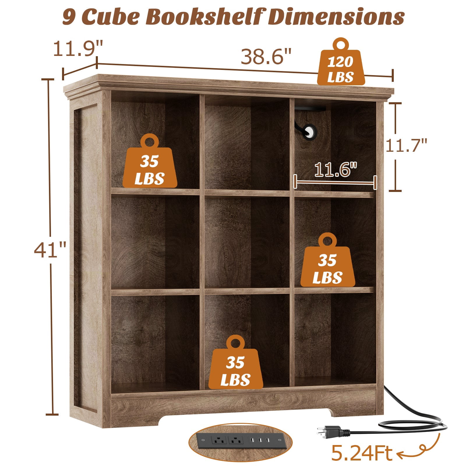 Homieasy 9 Cube Storage Organizer with Charging Station, 41'' Tall Wooden Cube Bookcase for Living Room, Bedroom, Brown Oak