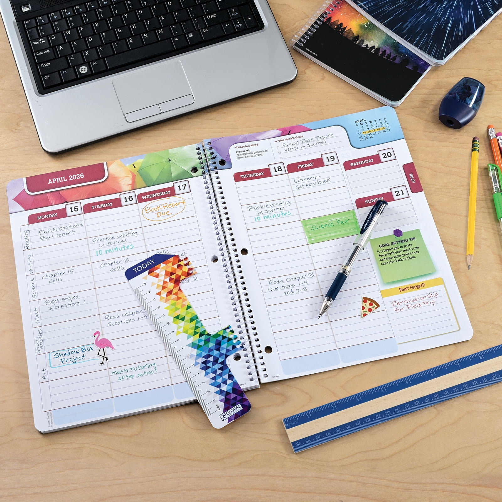 Global Datebooks Dated 2025-2026 Weekly and Monthly Academic Year Student Planner Calendar, August 2025 - June 2026, Ruler/Bookmark and Planning Stickers, Matrix Style, 8.5"x11", Triple Stripe