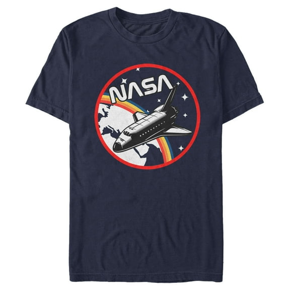 Men's NASA Space Shuttle Travel Over Rainbow Graphic Tee Navy Blue Medium