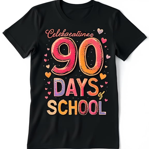 Celebrating 90 Days of School Black T-Shirt with Colorful Design & Hearts