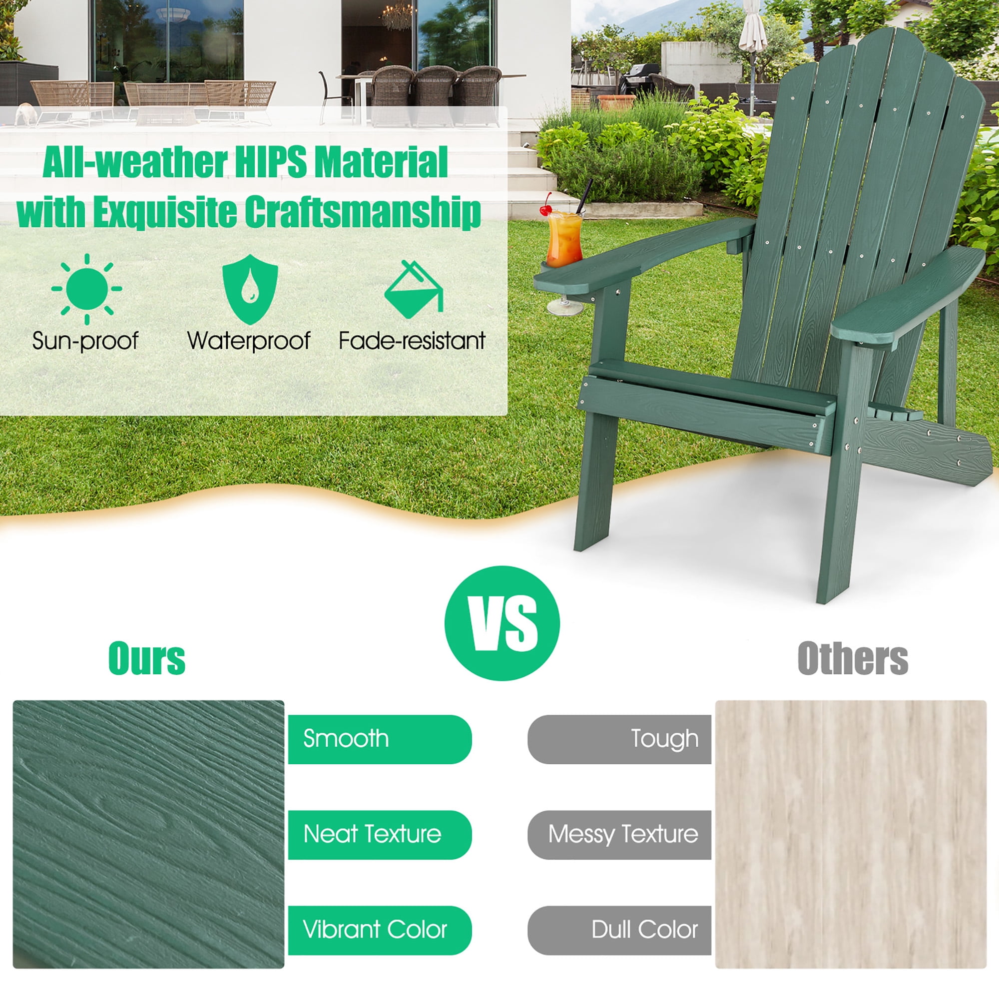 Costway Patio HIPS Adirondack Chair with Cup Holder Weather Resistant Outdoor 380 LBS Green