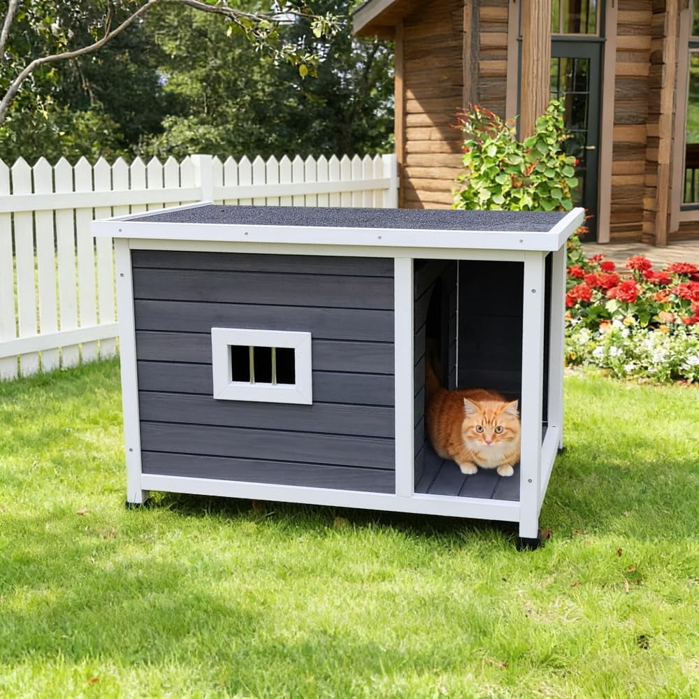 imerelez 33.5 inch Outdoor Gray Cat House with Waterproof Roof, Ventilated Windows, and Sturdy Metal Support – Spacious & Stylish Pet Shelter for Cats