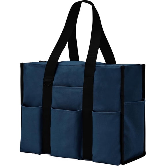 Kwuty Large Tote Bag for Women Waterproof with 12 Pockets Top Zipper Closure Utility Teacher Nurse Bags for Work School(Dark Blue)