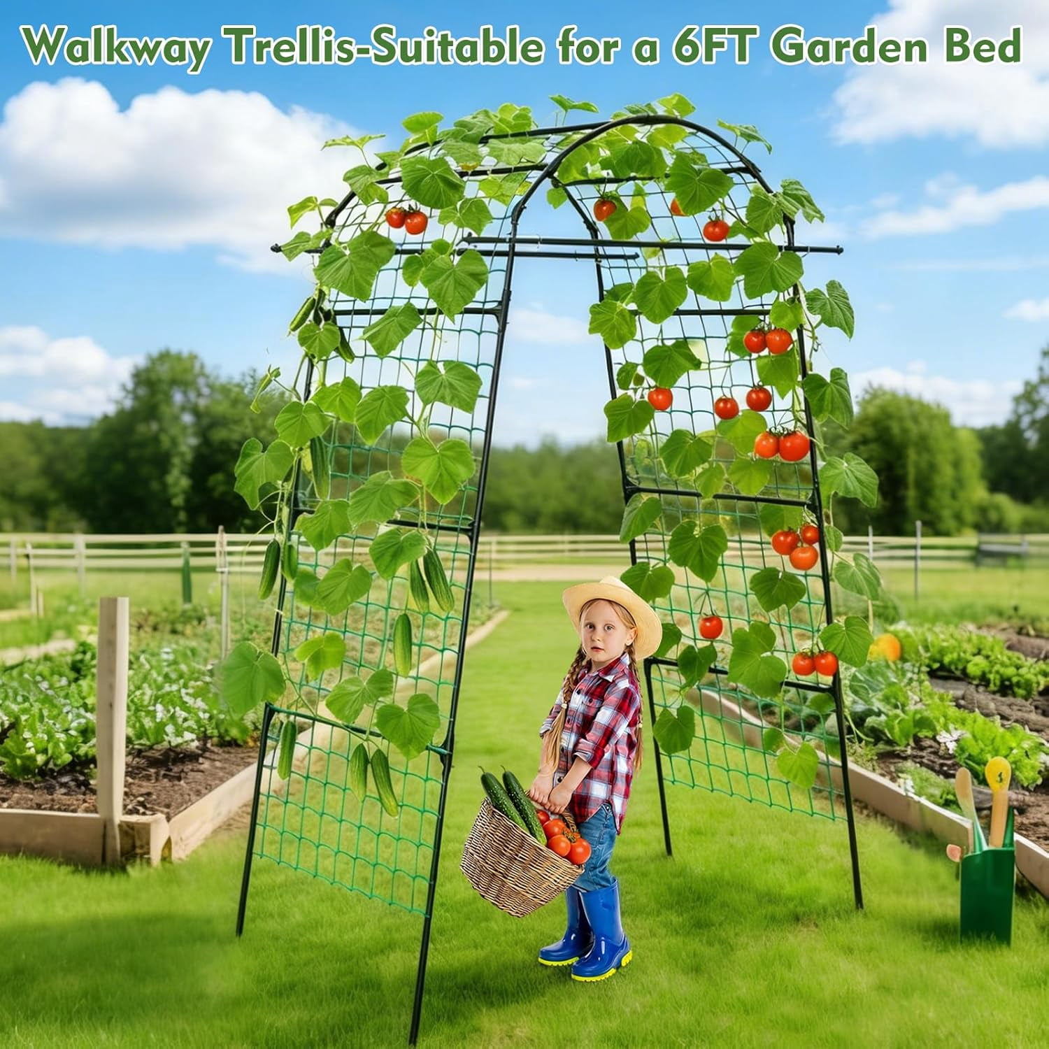 86 Inch Tall Garden Arch Trellis for Climbing Plants Outdoor,Tall Metal Garden Tunnel Trellises Archway for Climbing Vine、Vegetable、Fruit、Flower、Squash Arbors，Garden Arches Support Structure