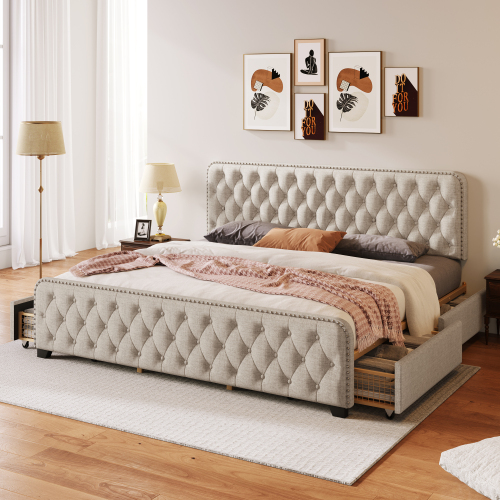 King Upholstered Bed Frame with 4 Storage Drawers and Button Linen