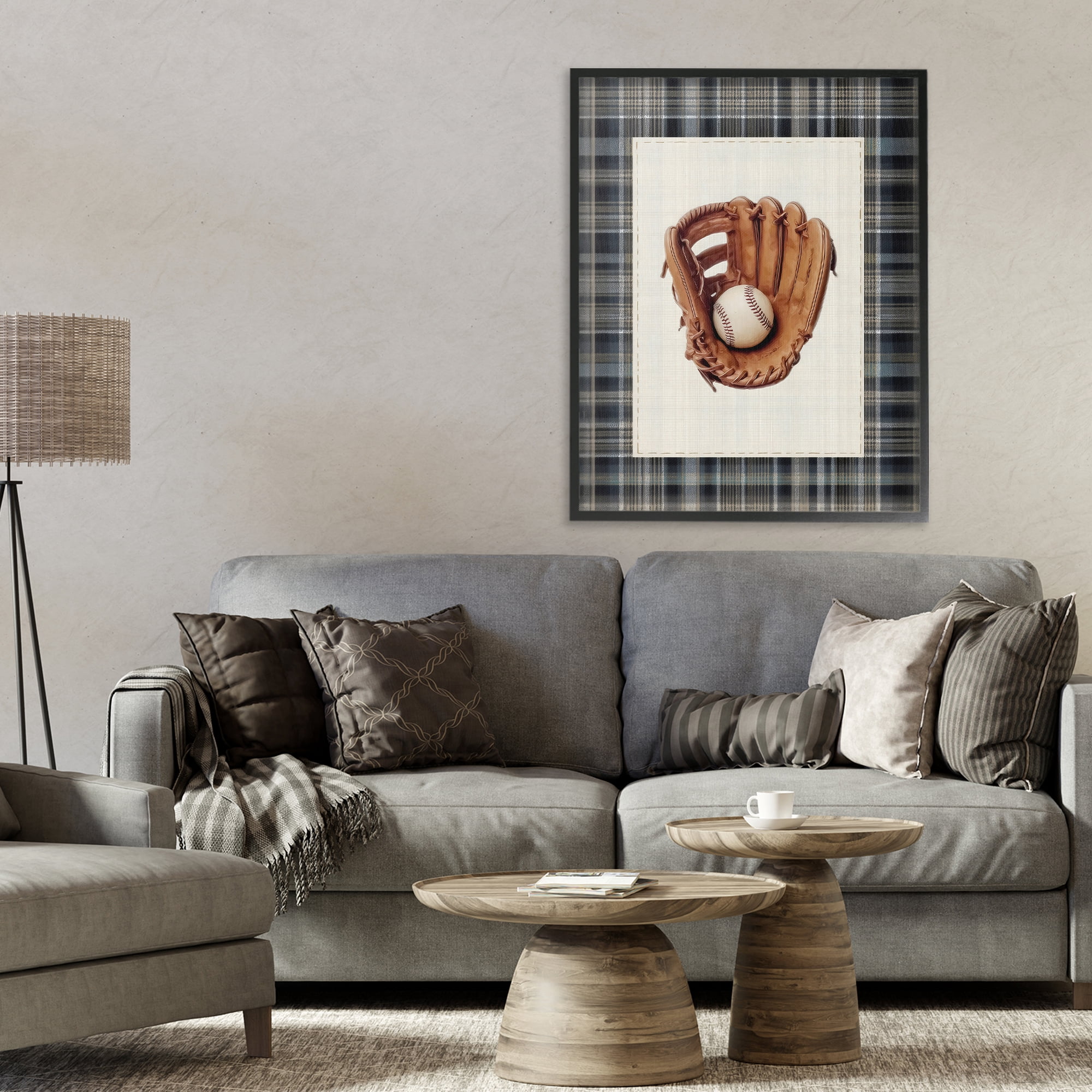 Stupell Industries Baseball Glove with Plaid Black Framed Giclee Art, design by Arlington Prints