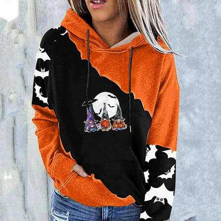 

jsaierl Sweatshirt for Women Long Sleeve Funny Graphic Hooded Shirt Halloween Hoodies Sweatshirt Plus Size Tops for Women Cute Print Pullover for Teen Girls