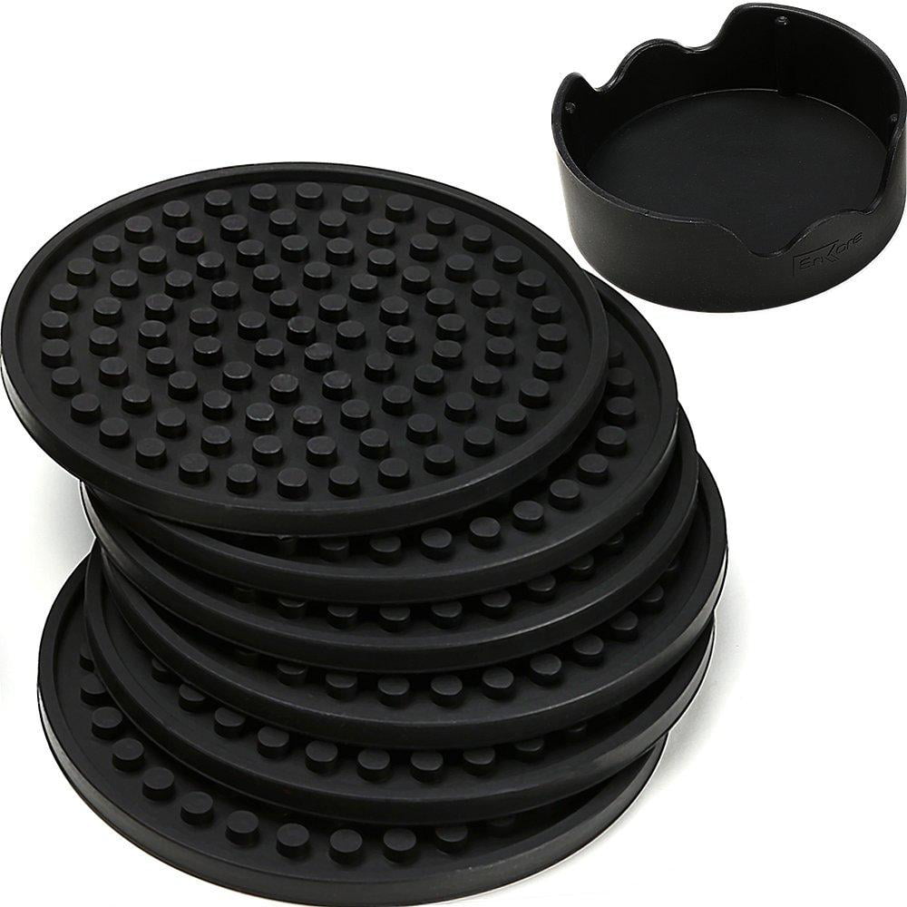 Skid Proof &Deep Tray & Easily Washable-Large 4 inch Cup Mat Black Silicone Coasters for Drinks Set of 6 in Holder Protect Furniture From Damage 