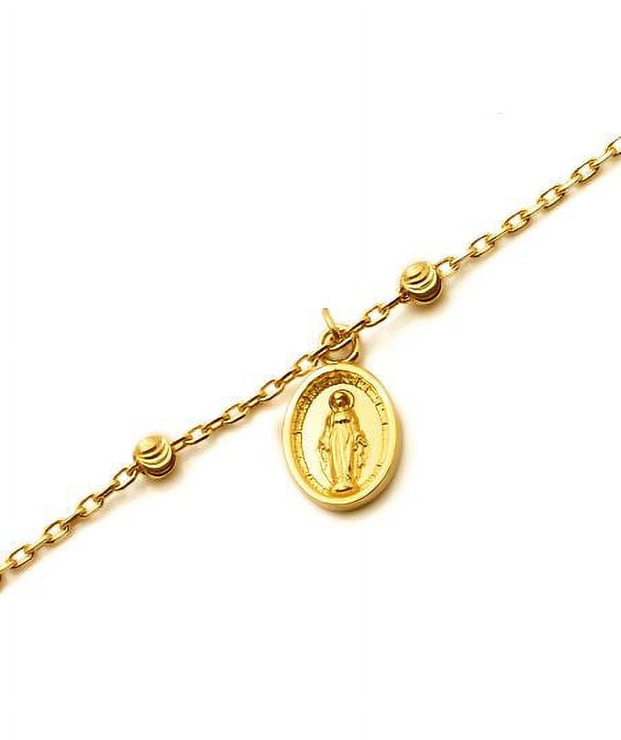LoveBling 10K Yellow Gold .50mm Diamond Cut Rolo Chain with a Virgin Mary Charm & Beads Anklet Adjustable 9" to 10" (#51)
