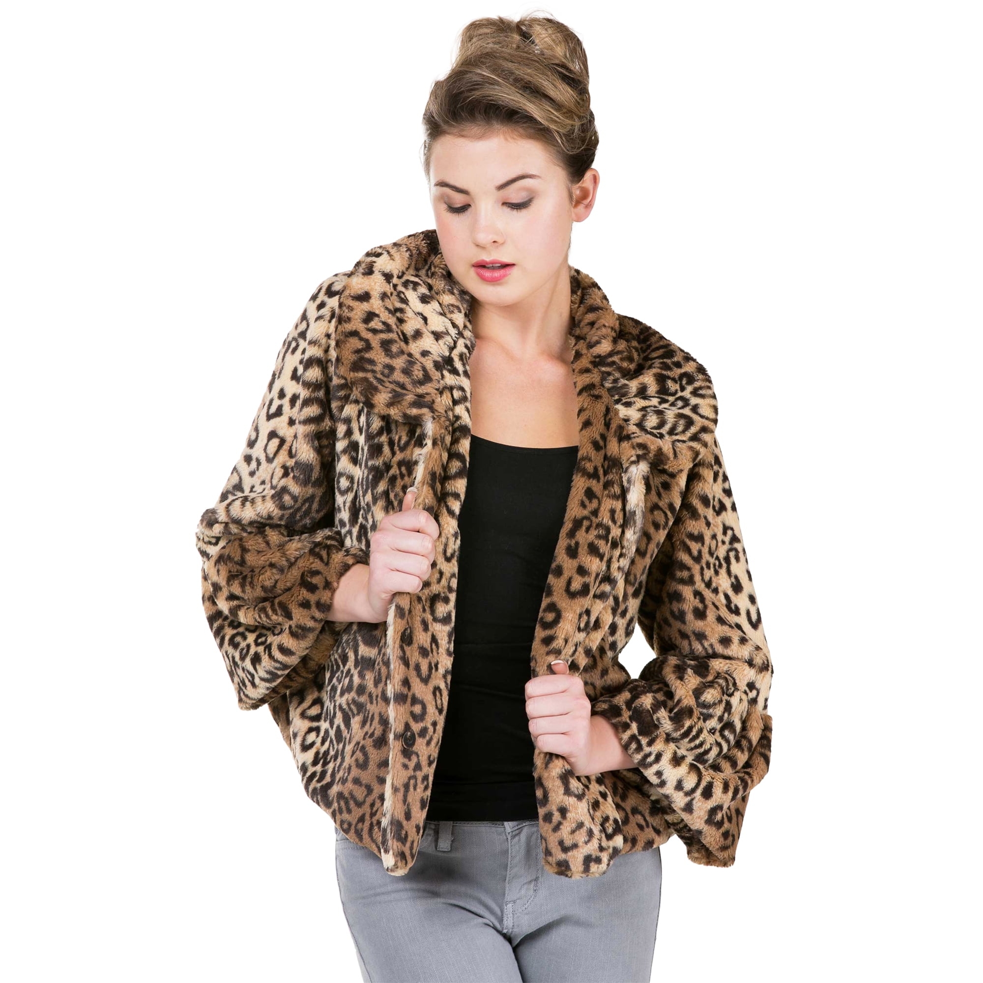 Women's Rosette Faux Fur A Line Jacket with Flare 3/4 Sleeves (BROWN