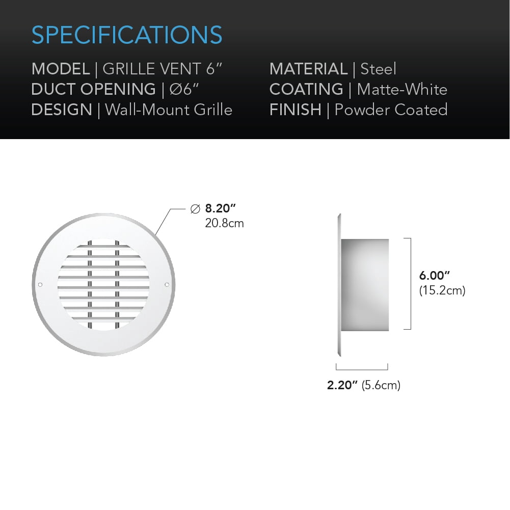 AC Infinity Wall-Mount Duct Grille Vent for 6-Inch Ducting, White Metal, Heating Cooling Ventilation and Exhaust