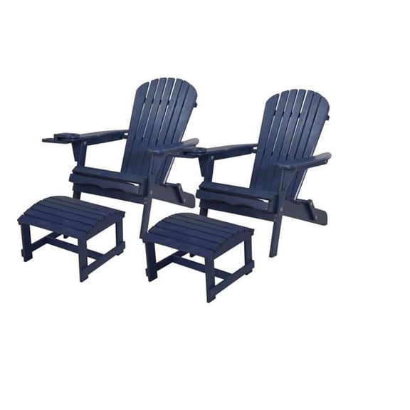 W Unlimited SW2136NV-CH2OT2 33.75 x 33 x 27.75 in. 2 Foldable Adirondack Chair with Cup Holder with Ottoman, Navy Blue