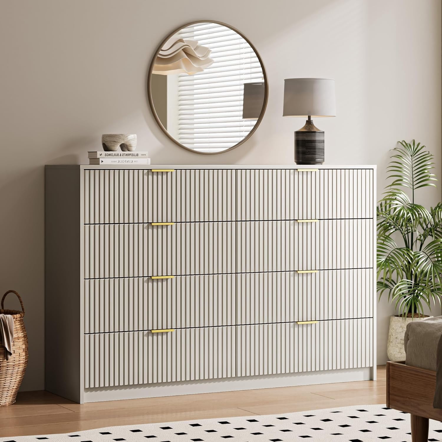 Furniway Beige Dresser for Bedroom, 8 Drawer Double Dresser with Gold Metal Handles, Modern Chest of Drawers for Bedroom, Living Room, Entryway and Closet, Beige