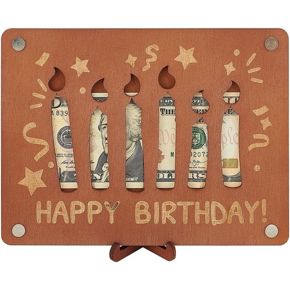 Money Gifts Happy Birthday 5.9x7.8inches Sienna Color Wooden Birthday Card Box Cash Holder Creative Happy Birthday Money Presents Packaging with Birthday Card
