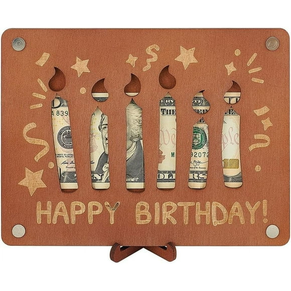 Money Gifts Happy Birthday 5.9x7.8inches Sienna Color Wooden Birthday Card Box Cash Holder Creative Happy Birthday Money Presents Packaging with Birthday Card for Birthday Party