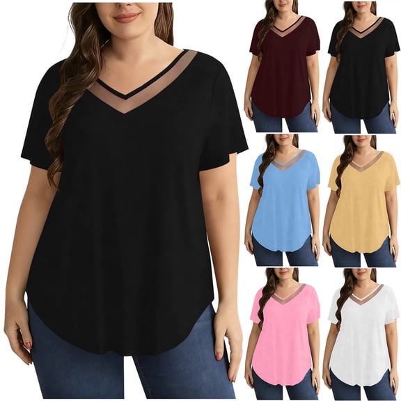 QIUOMBBP Women's Plus Size T-Shirts Solid Color V Neck Short Sleeve Shirts Casual Loose Fit Curved Hem Tees Tops Red Wine
